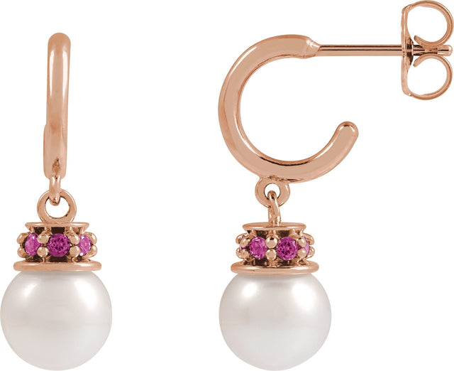 14K Gold Cultured White Freshwater Pearl & Natural Pink Tourmaline Pearl Hoop Earrings – 7mm Stones - Rose Gold