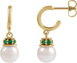 14K Gold Cultured White Freshwater Pearl & Natural Tsavorite Garnet Pearl Hoop Earrings – 7mm Stones - Yellow Gold