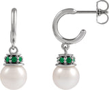 14K Gold Cultured White Freshwater Pearl & Natural Tsavorite Garnet Pearl Hoop Earrings – 7mm Stones - White Gold