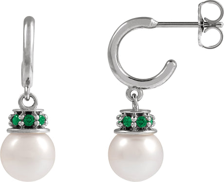 14K Gold Cultured White Freshwater Pearl & Natural Tsavorite Garnet Pearl Hoop Earrings – 7mm Stones - White Gold