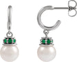 Platinum Cultured White Freshwater Pearl & Natural Tsavorite Garnet Pearl Hoop Earrings