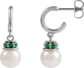Platinum Cultured White Freshwater Pearl & Natural Tsavorite Garnet Pearl Hoop Earrings