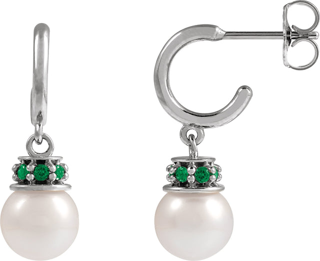 Platinum Cultured White Freshwater Pearl & Natural Tsavorite Garnet Pearl Hoop Earrings
