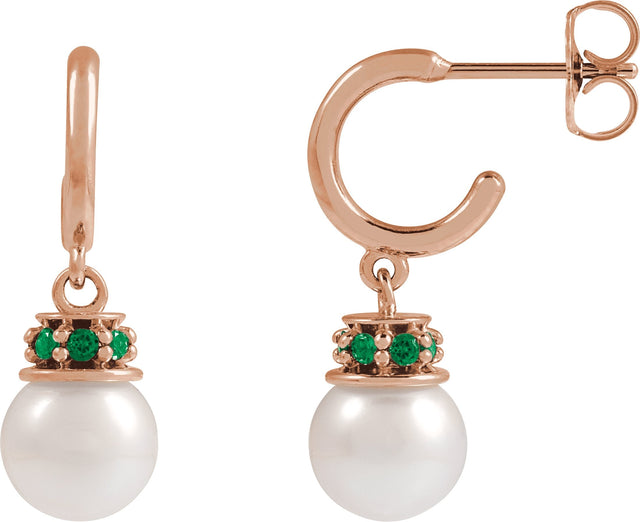 14K Gold Cultured White Freshwater Pearl & Natural Tsavorite Garnet Pearl Hoop Earrings – 7mm Stones - Rose Gold