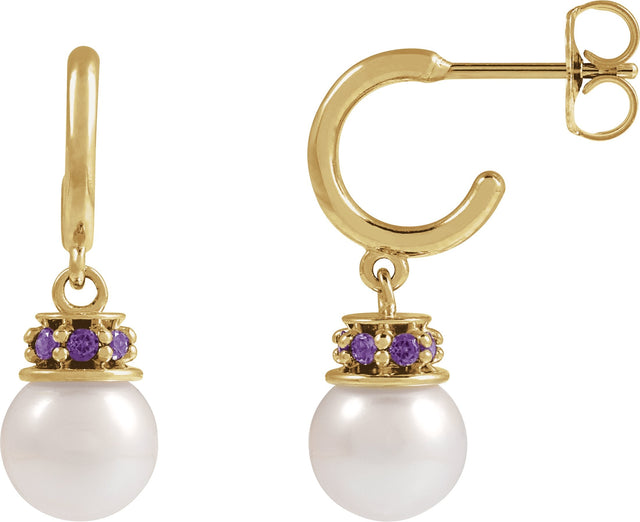 14K Gold Cultured White Freshwater Pearl & Lab-Grown Purple Sapphire Pearl Hoop Earrings - Yellow Gold