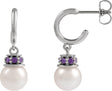 Platinum Cultured White Freshwater Pearl & Lab-Grown Purple Sapphire Pearl Hoop Earrings