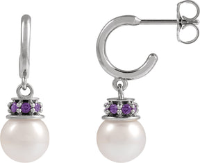 Platinum Cultured White Freshwater Pearl & Lab-Grown Purple Sapphire Pearl Hoop Earrings