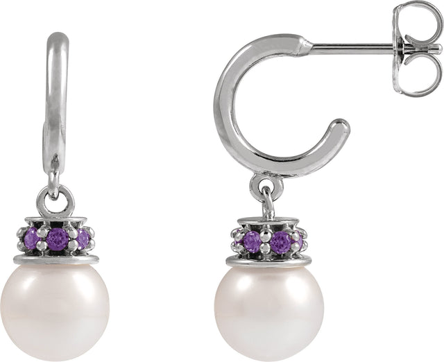 Platinum Cultured White Freshwater Pearl & Lab-Grown Purple Sapphire Pearl Hoop Earrings