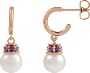 14K Gold Cultured White Freshwater Pearl & Lab-Grown Purple Sapphire Pearl Hoop Earrings - Rose Gold
