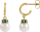 14K Gold Cultured White Freshwater Pearl & Natural London Blue Topaz Pearl Hoop Earrings – 7mm Stones - Yellow Gold