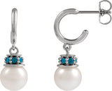 14K Gold Cultured White Freshwater Pearl & Natural London Blue Topaz Pearl Hoop Earrings – 7mm Stones - White Gold