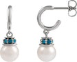 Platinum Cultured White Freshwater Pearl & Natural London Blue Topaz Pearl Hoop Earrings – 7mm Stones