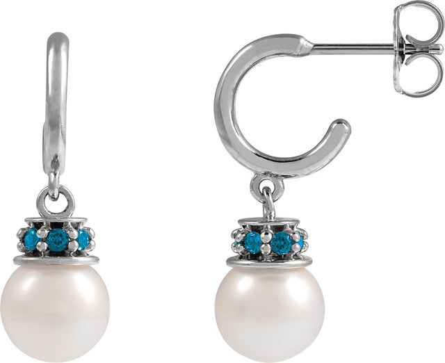 Platinum Cultured White Freshwater Pearl & Natural London Blue Topaz Pearl Hoop Earrings – 7mm Stones