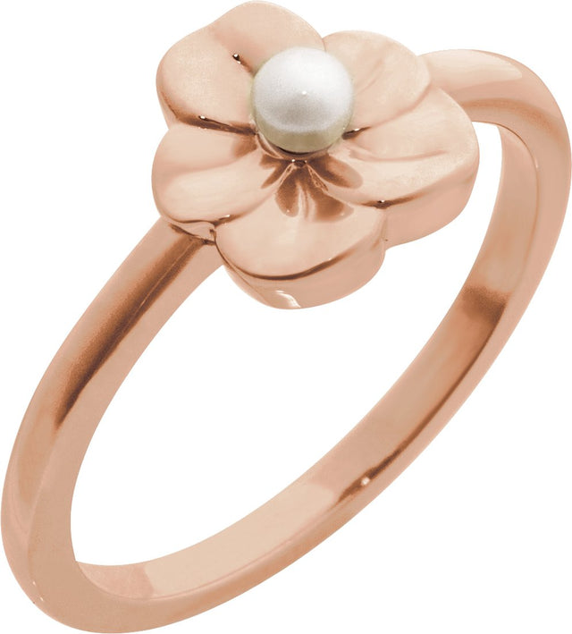 14K Gold Cultured White Seed Pearl Floral Pearl Ring - Rose Gold