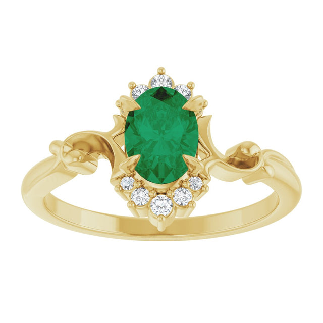 14K Gold Oval Lab-Grown Emerald & Natural Diamond Accented Ring – 7x5mm - Yellow Gold - view 3