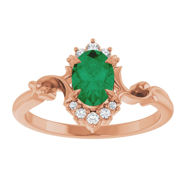 14K Gold Oval Lab-Grown Emerald & Natural Diamond Accented Ring – 7x5mm - Rose Gold - view 3