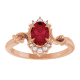 14K Gold Oval Lab-Grown Ruby & Natural Diamond Accented Ring – 7mm Stones - Rose Gold - view 3