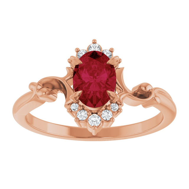 14K Gold Oval Lab-Grown Ruby & Natural Diamond Accented Ring – 7mm Stones - Rose Gold - view 3