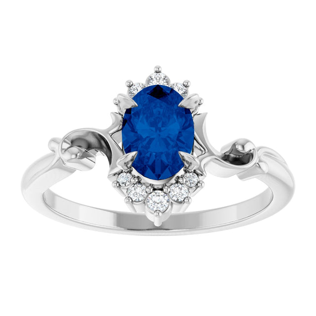 14K Gold Oval Lab-Grown Blue Sapphire & Natural Diamond Accented Ring – 7mm Stones - White Gold - view 3