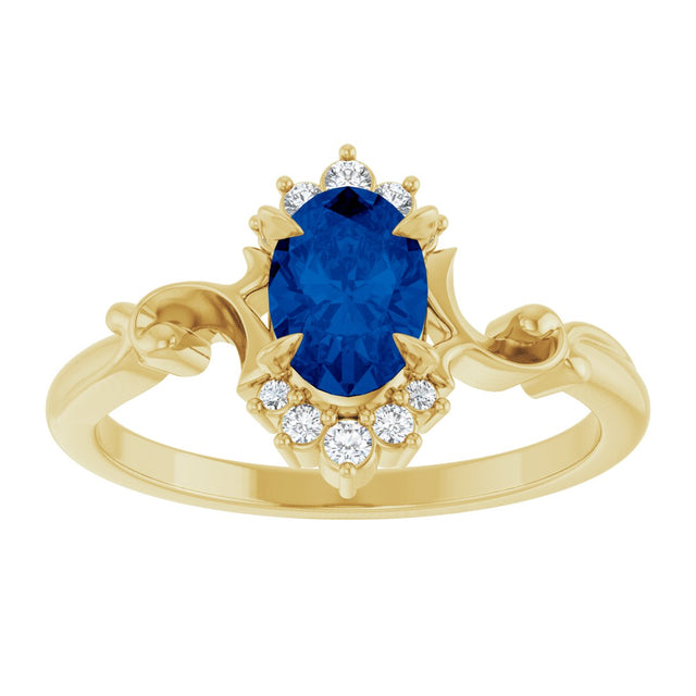 14K Gold Oval Lab-Grown Blue Sapphire & Natural Diamond Accented Ring – 7mm Stones - Yellow Gold - view 3