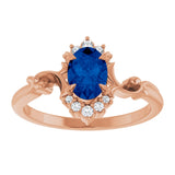 14K Gold Oval Lab-Grown Blue Sapphire & Natural Diamond Accented Ring – 7mm Stones - Rose Gold - view 3