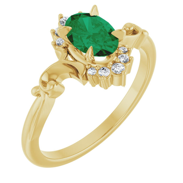 14K Gold Oval Lab-Grown Emerald & Natural Diamond Accented Ring – 7x5mm - Yellow Gold