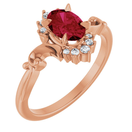 14K Gold Oval Lab-Grown Ruby & Natural Diamond Accented Ring – 7mm Stones - Rose Gold