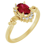 14K Gold Oval Lab-Grown Ruby & Natural Diamond Accented Ring – 7mm Stones - Yellow Gold