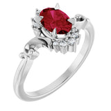 14K Gold Oval Lab-Grown Ruby & Natural Diamond Accented Ring – 7mm Stones - White Gold