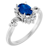 14K Gold Oval Lab-Grown Blue Sapphire & Natural Diamond Accented Ring – 7mm Stones - White Gold