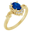 14K Gold Oval Lab-Grown Blue Sapphire & Natural Diamond Accented Ring – 7mm Stones - Yellow Gold