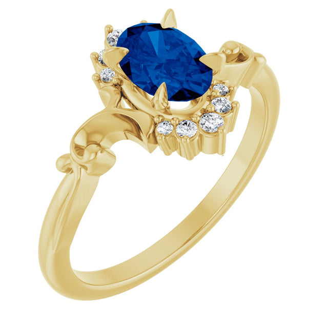 14K Gold Oval Lab-Grown Blue Sapphire & Natural Diamond Accented Ring – 7mm Stones - Yellow Gold