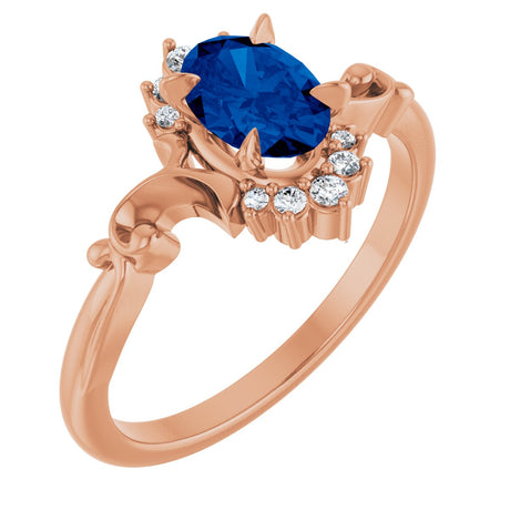 14K Gold Oval Lab-Grown Blue Sapphire & Natural Diamond Accented Ring – 7mm Stones - Rose Gold