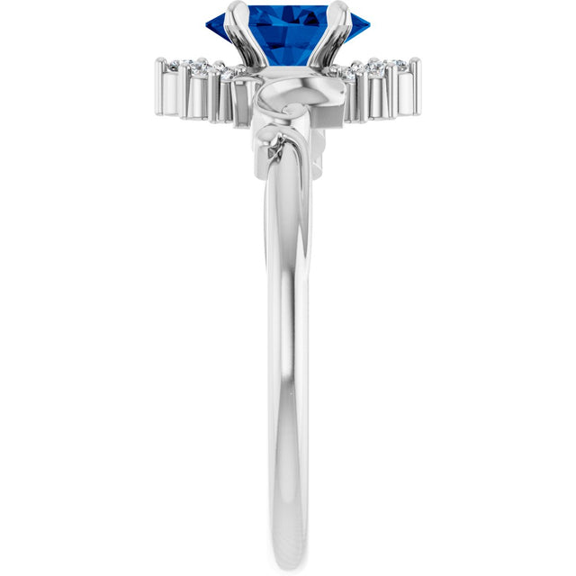 Platinum Oval Lab-Grown Blue Sapphire & Natural Diamond Accented Ring – 7mm Stones - view 4
