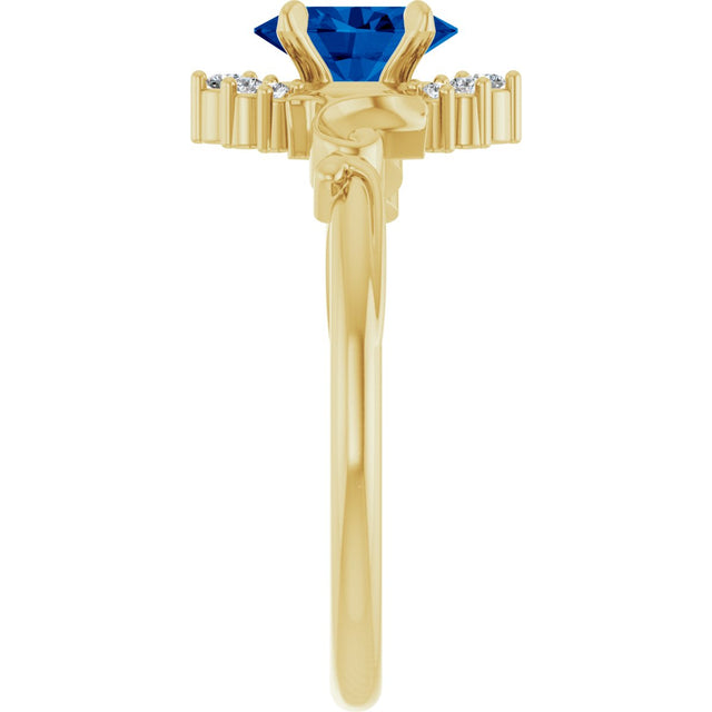 14K Gold Oval Lab-Grown Blue Sapphire & Natural Diamond Accented Ring – 7mm Stones - Yellow Gold - view 4