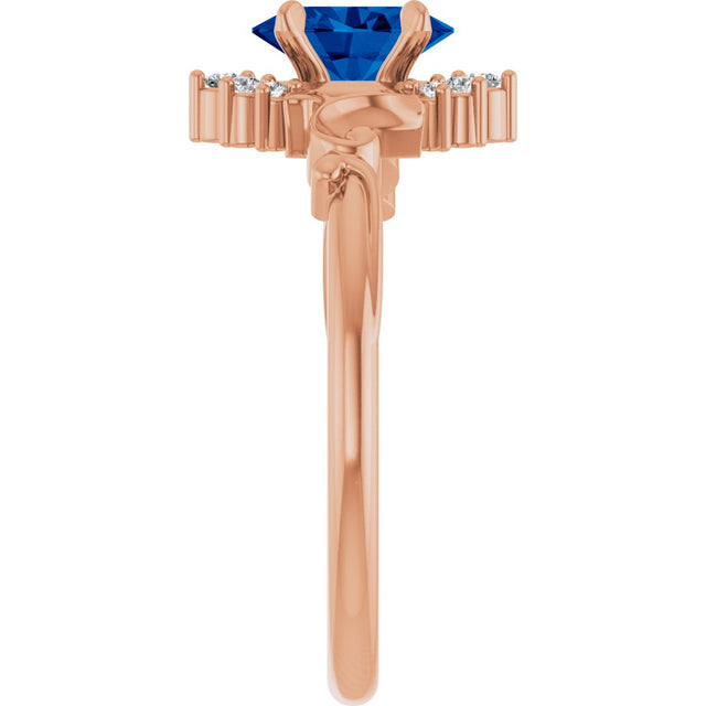 14K Gold Oval Lab-Grown Blue Sapphire & Natural Diamond Accented Ring – 7mm Stones - Rose Gold - view 4