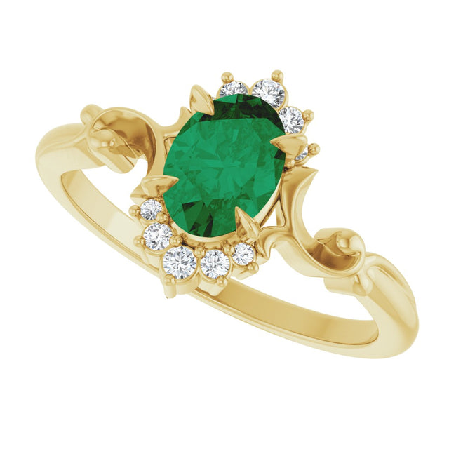 14K Gold Oval Lab-Grown Emerald & Natural Diamond Accented Ring – 7x5mm - Yellow Gold - view 5