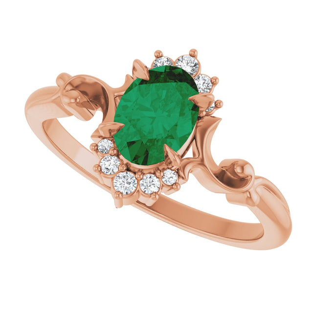 14K Gold Oval Lab-Grown Emerald & Natural Diamond Accented Ring – 7x5mm - Rose Gold - view 5