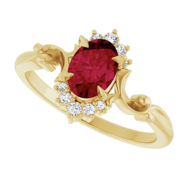 14K Gold Oval Lab-Grown Ruby & Natural Diamond Accented Ring – 7mm Stones - Yellow Gold - view 5