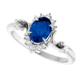 14K Gold Oval Lab-Grown Blue Sapphire & Natural Diamond Accented Ring – 7mm Stones - White Gold - view 5
