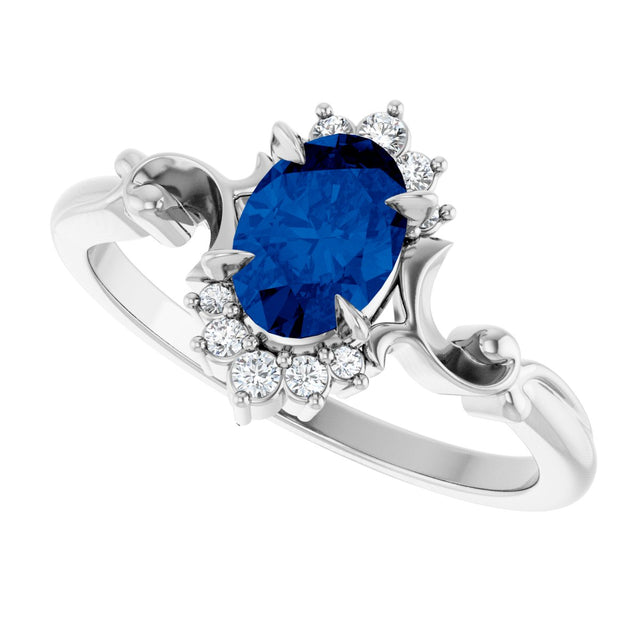 Platinum Oval Lab-Grown Blue Sapphire & Natural Diamond Accented Ring – 7mm Stones - view 5