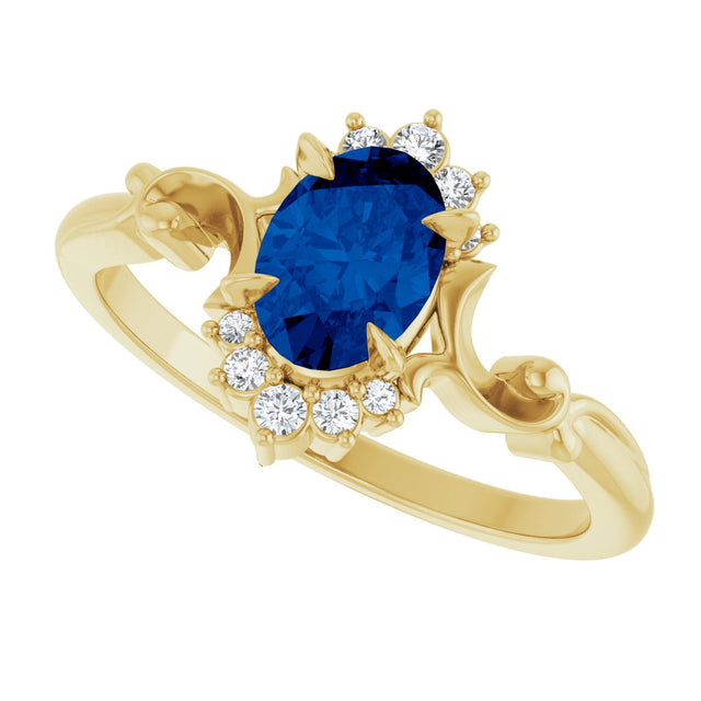 14K Gold Oval Lab-Grown Blue Sapphire & Natural Diamond Accented Ring – 7mm Stones - Yellow Gold - view 5