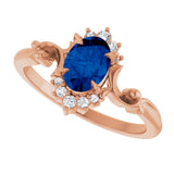 14K Gold Oval Lab-Grown Blue Sapphire & Natural Diamond Accented Ring – 7mm Stones - Rose Gold - view 5