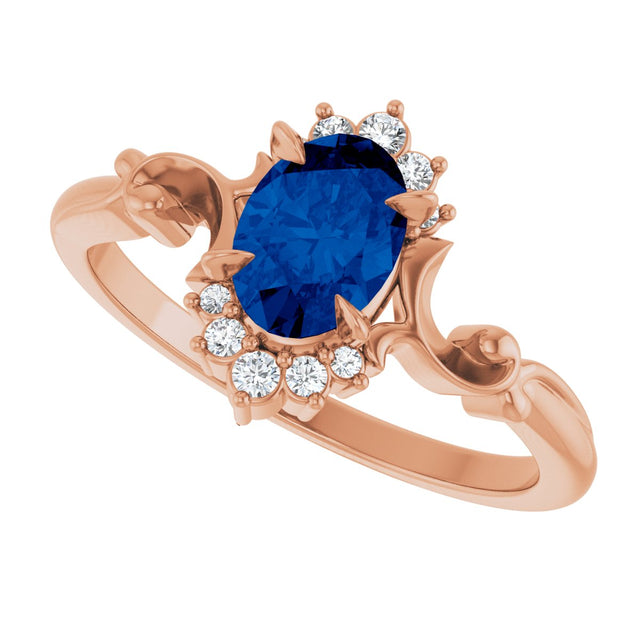 14K Gold Oval Lab-Grown Blue Sapphire & Natural Diamond Accented Ring – 7mm Stones - Rose Gold - view 5