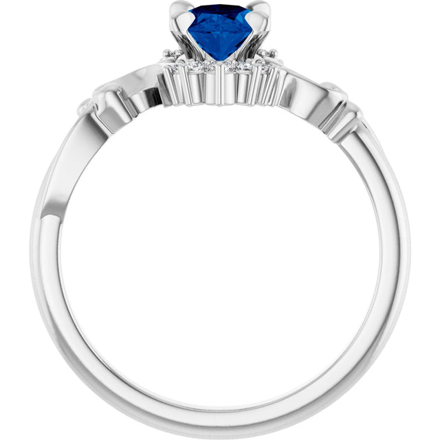 14K Gold Oval Lab-Grown Blue Sapphire & Natural Diamond Accented Ring – 7mm Stones - White Gold - view 2