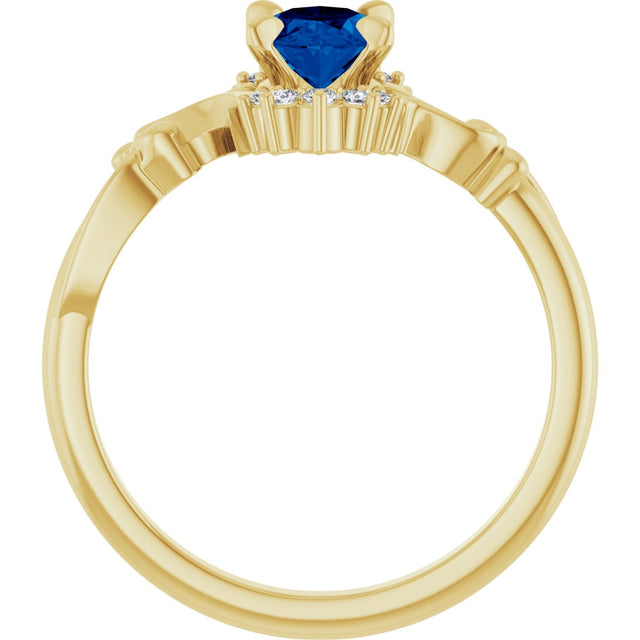 14K Gold Oval Lab-Grown Blue Sapphire & Natural Diamond Accented Ring – 7mm Stones - Yellow Gold - view 2