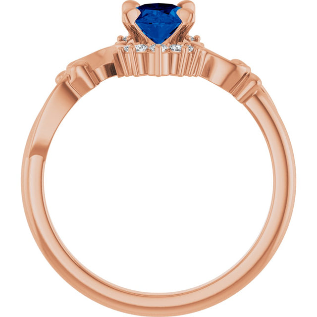 14K Gold Oval Lab-Grown Blue Sapphire & Natural Diamond Accented Ring – 7mm Stones - Rose Gold - view 2