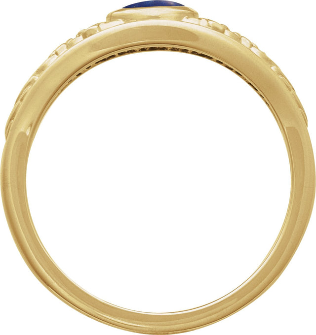 14K Gold Oval Natural Lapis Floral Cabochon Ring - Yellow Gold - view 2