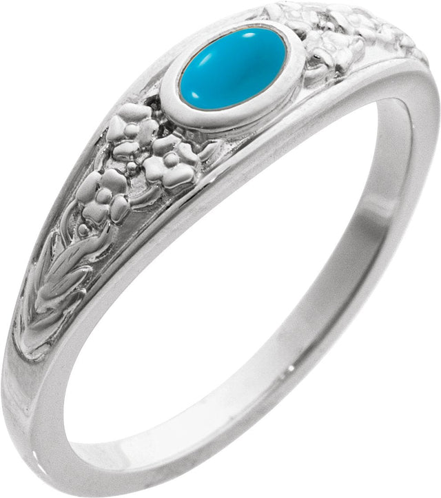 14K Gold Oval Natural Turquoise Floral Cabochon Ring - White Gold
