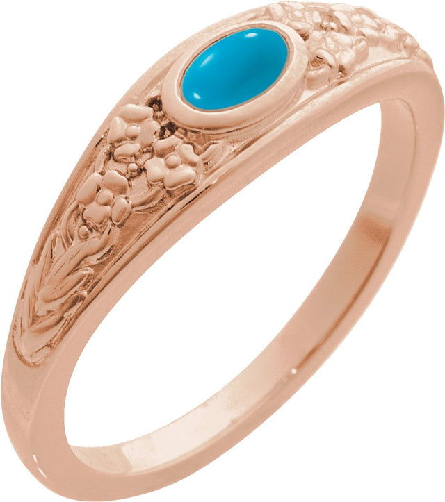 14K Gold Oval Natural Turquoise Floral Cabochon Ring - Rose Gold